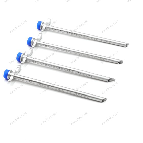 Herramientas para cirugía endoscópica de columna vertebral. Cánula de trabajo con protección endoscópica compatible con 30°/ 45°/ 70°/ tipo pico de pato.